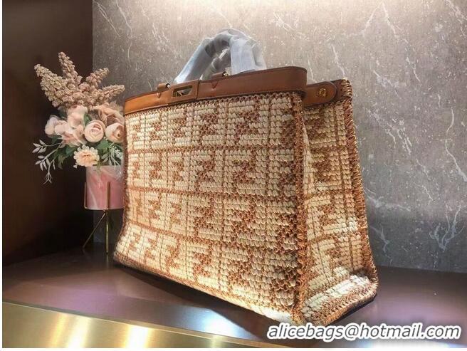 Top Design FENDI PEEKABOO X-TOTE FF raffia bag 8BH374A light brown