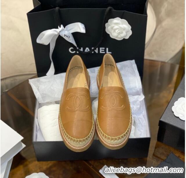 Low Price Chanel CC Leather Platform Espadrilles 031045 Brown 2021