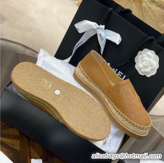 Low Price Chanel CC Leather Platform Espadrilles 031045 Brown 2021