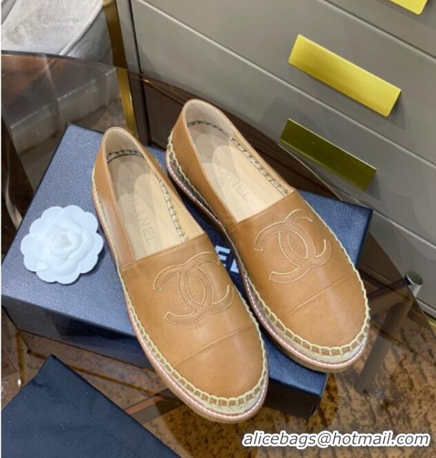 Low Price Chanel CC Leather Platform Espadrilles 031045 Brown 2021