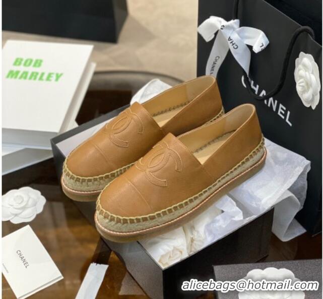 Low Price Chanel CC Leather Platform Espadrilles 031045 Brown 2021