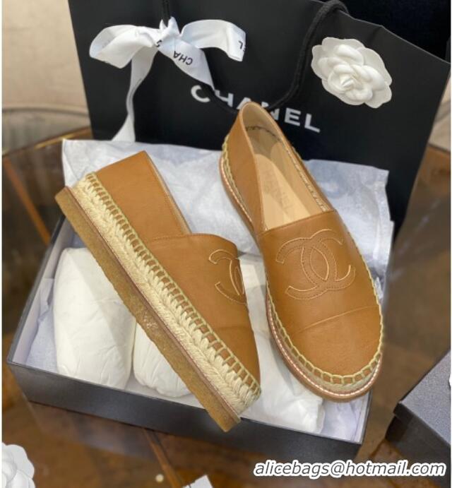 Low Price Chanel CC Leather Platform Espadrilles 031045 Brown 2021