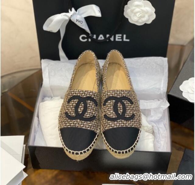 Discount Chanel CC Tweed Platform Espadrilles 031045 Gold/Black 2021