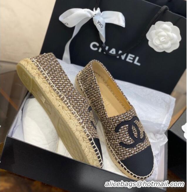 Discount Chanel CC Tweed Platform Espadrilles 031045 Gold/Black 2021