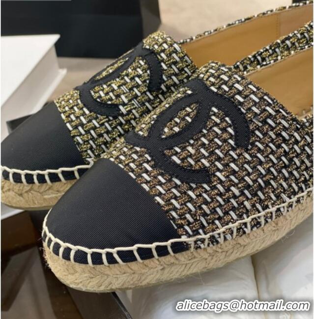 Discount Chanel CC Tweed Platform Espadrilles 031045 Gold/Black 2021