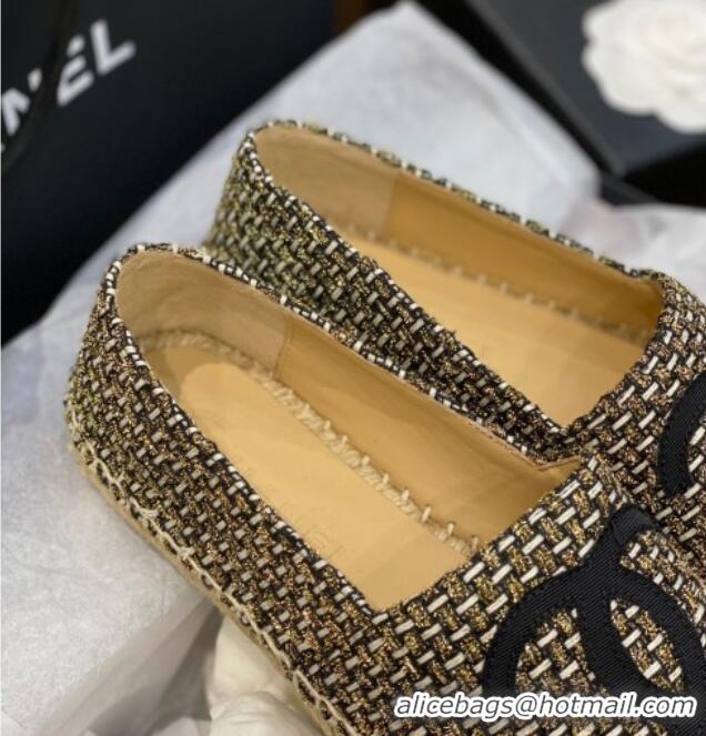 Discount Chanel CC Tweed Platform Espadrilles 031045 Gold/Black 2021