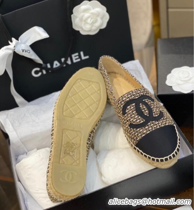 Discount Chanel CC Tweed Platform Espadrilles 031045 Gold/Black 2021