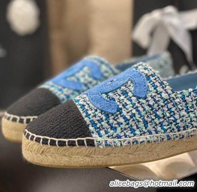 Luxury Chanel Embroidered CC Tweed Espadrilles 031055 Blue 2021