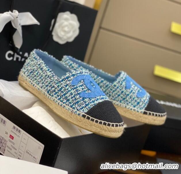 Luxury Chanel Embroidered CC Tweed Espadrilles 031055 Blue 2021