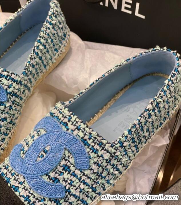 Luxury Chanel Embroidered CC Tweed Espadrilles 031055 Blue 2021