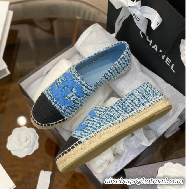 Luxury Chanel Embroidered CC Tweed Espadrilles 031055 Blue 2021