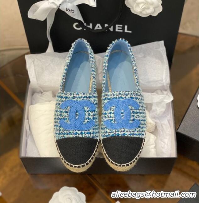 Luxury Chanel Embroidered CC Tweed Espadrilles 031055 Blue 2021