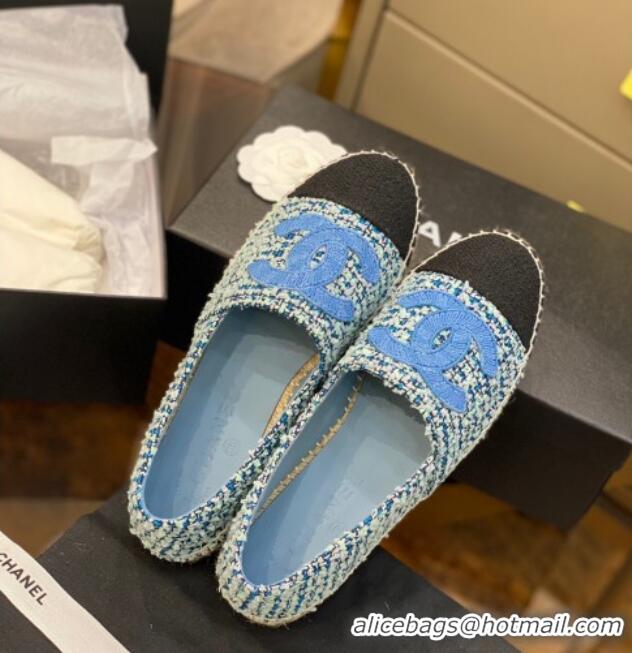 Luxury Chanel Embroidered CC Tweed Espadrilles 031055 Blue 2021