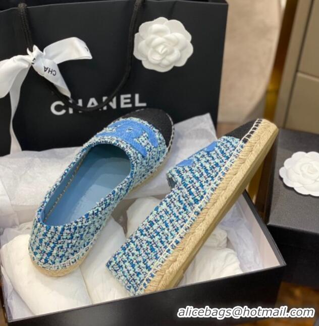 Luxury Chanel Embroidered CC Tweed Espadrilles 031055 Blue 2021