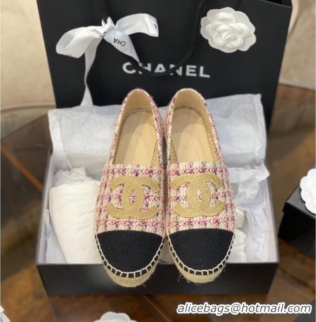 Classic Hot Chanel Embroidered CC Tweed Espadrilles 031055 Pink 2021