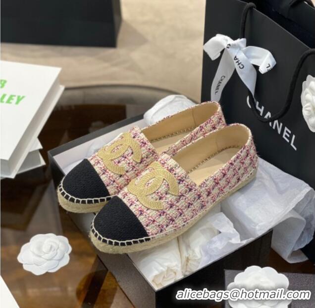 Classic Hot Chanel Embroidered CC Tweed Espadrilles 031055 Pink 2021