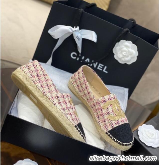 Classic Hot Chanel Embroidered CC Tweed Espadrilles 031055 Pink 2021