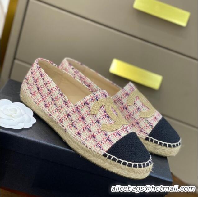 Classic Hot Chanel Embroidered CC Tweed Espadrilles 031055 Pink 2021