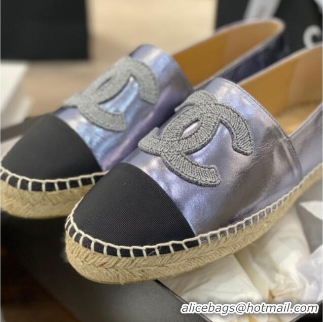 Good Product Chanel Embroidered CC Lambskin Espadrilles 031058 Silver 2021