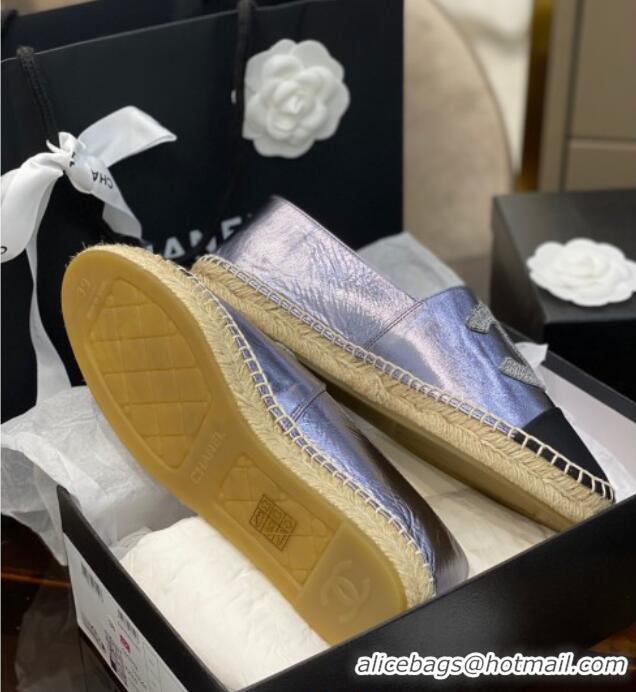 Good Product Chanel Embroidered CC Lambskin Espadrilles 031058 Silver 2021