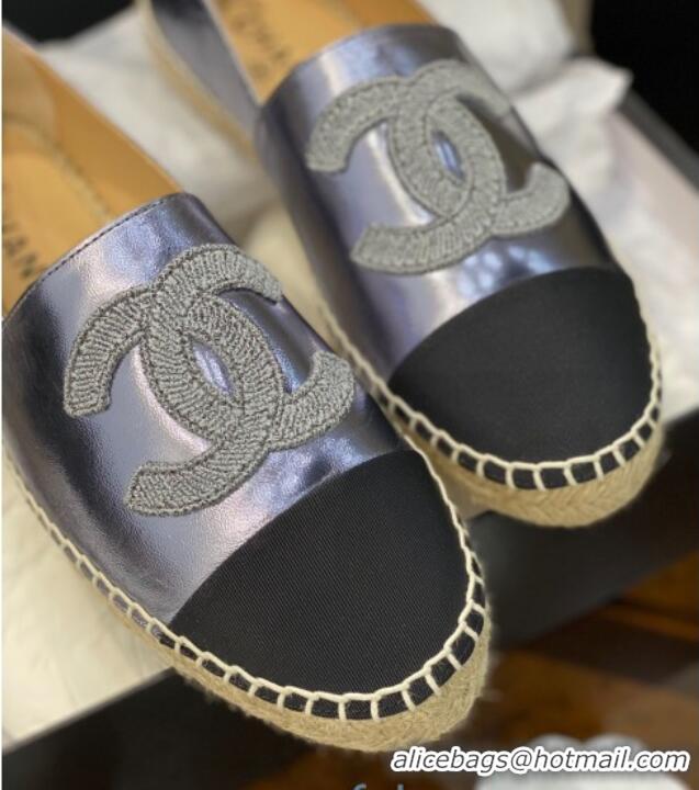 Good Product Chanel Embroidered CC Lambskin Espadrilles 031058 Silver 2021