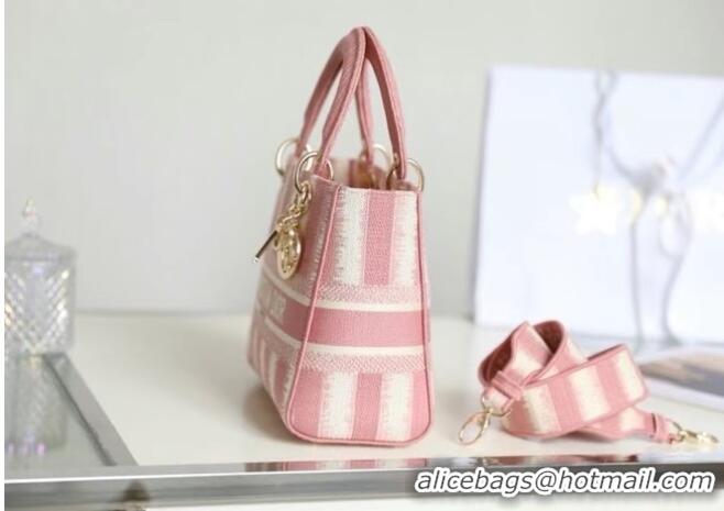 Buy Cheap DIOR MEDIUM LADY D-LITE BAG Pink D-Stripes Embroidery M0565