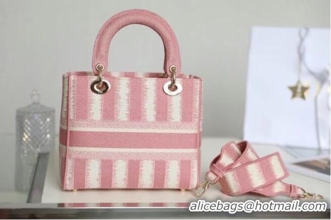 Buy Cheap DIOR MEDIUM LADY D-LITE BAG Pink D-Stripes Embroidery M0565