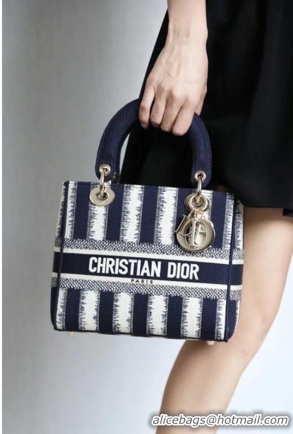 Discount DIOR MEDIUM LADY D-LITE BAG Blue D-Stripes Embroidery M0565