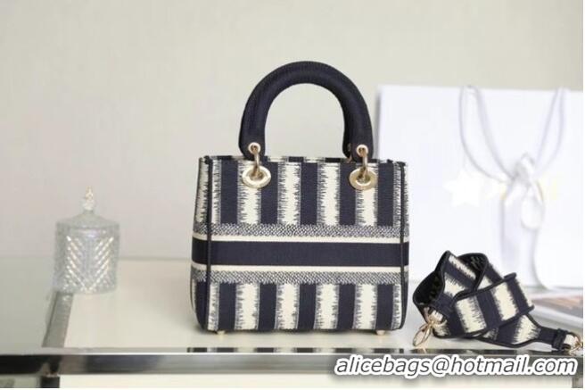 Discount DIOR MEDIUM LADY D-LITE BAG Blue D-Stripes Embroidery M0565