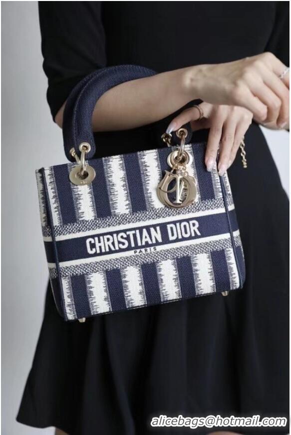 Discount DIOR MEDIUM LADY D-LITE BAG Blue D-Stripes Embroidery M0565