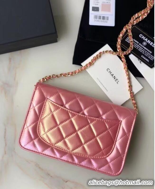 Buy Cheap Chanel Iridescent Calfskin Chain Wallet 33814 pink