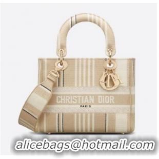 Top Quality DIOR MEDIUM LADY D-LITE BAG Beige Stripes Embroidery M0565O