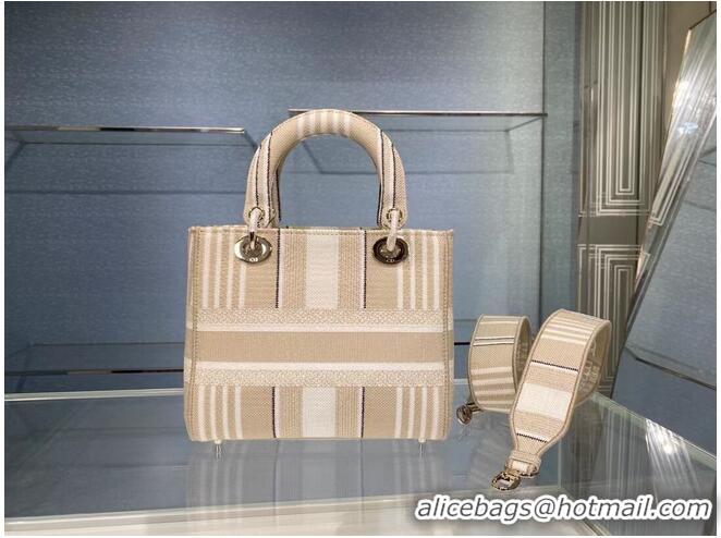 Top Quality DIOR MEDIUM LADY D-LITE BAG Beige Stripes Embroidery M0565O