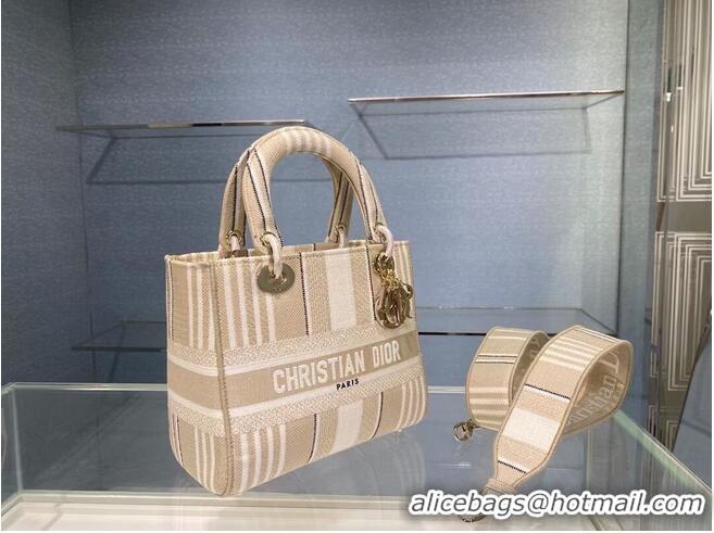 Top Quality DIOR MEDIUM LADY D-LITE BAG Beige Stripes Embroidery M0565O