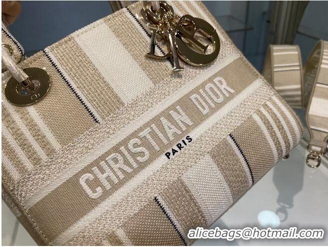 Top Quality DIOR MEDIUM LADY D-LITE BAG Beige Stripes Embroidery M0565O