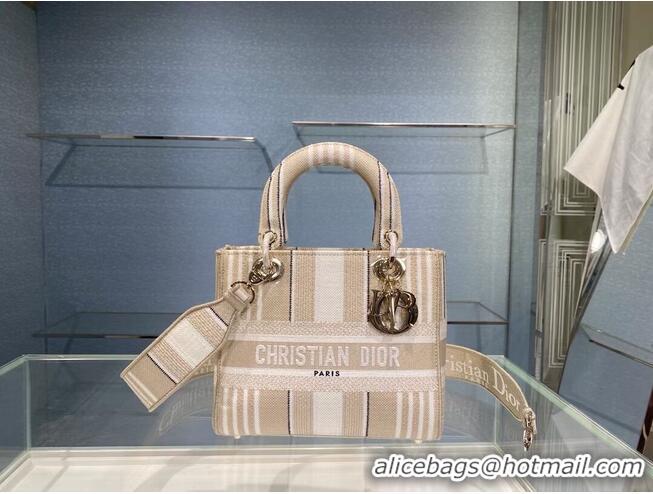 Top Quality DIOR MEDIUM LADY D-LITE BAG Beige Stripes Embroidery M0565O