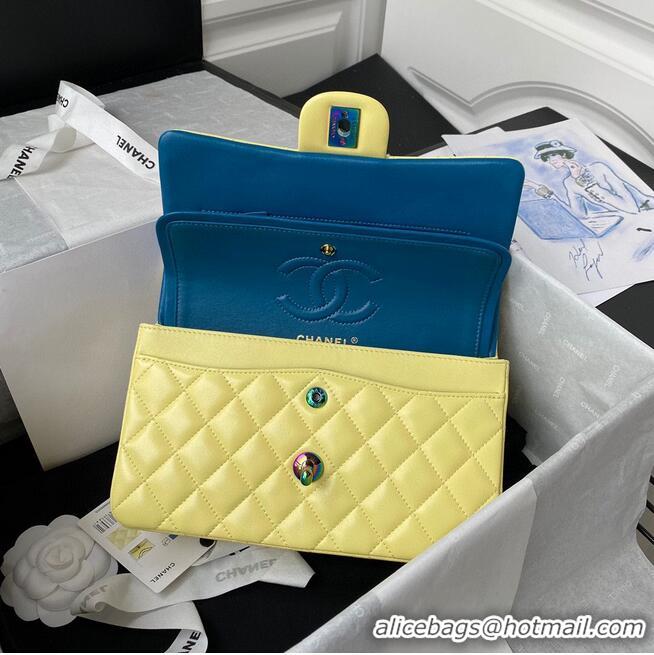 Cheapest Chanel Classic Flap Shoulder Bag Original Sheepskin leather Colors Buckle Medium A01113 Yellow&Blue