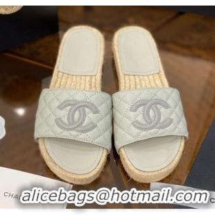 Cheap Price Chanel CC Quilted Lambskin Espadrille Slide Sandals 031063 Light Gray 2021 35