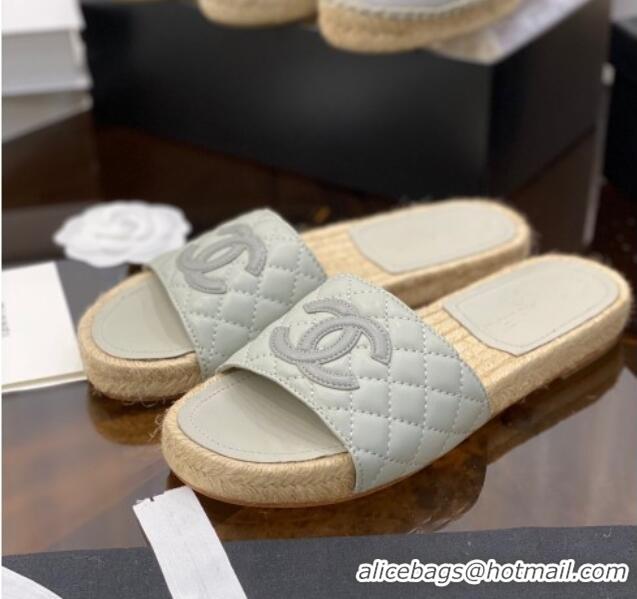 Cheap Price Chanel CC Quilted Lambskin Espadrille Slide Sandals 031063 Light Gray 2021 35