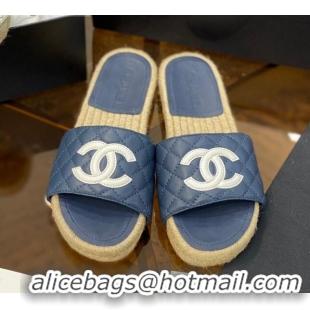 Top Grade Chanel CC Quilted Lambskin Espadrille Slide Sandals 031065 Navy Blue 2021