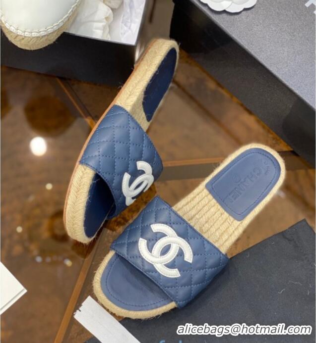 Top Grade Chanel CC Quilted Lambskin Espadrille Slide Sandals 031065 Navy Blue 2021