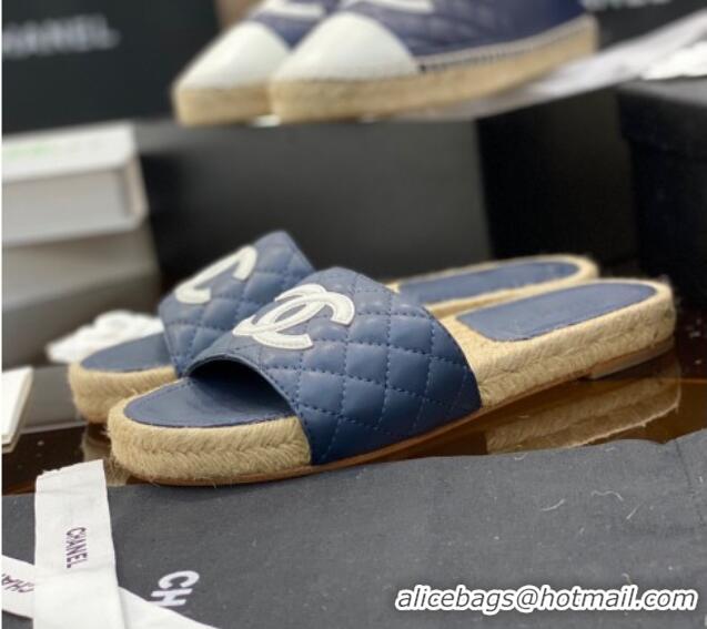 Top Grade Chanel CC Quilted Lambskin Espadrille Slide Sandals 031065 Navy Blue 2021