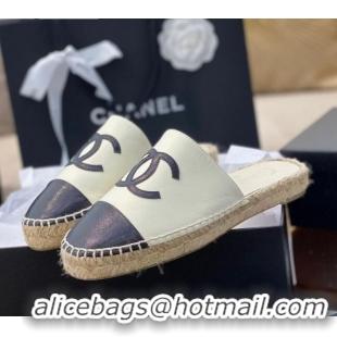 Low Price Chanel CC Shiny Lambskin Espadrille Slide Sandals 031074 White 2021