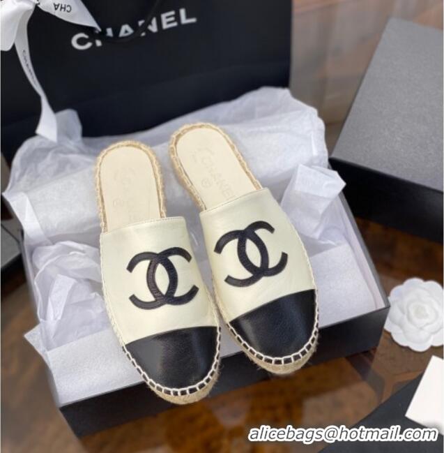 Low Price Chanel CC Shiny Lambskin Espadrille Slide Sandals 031074 White 2021