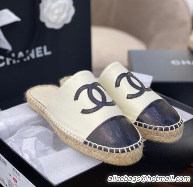 Low Price Chanel CC Shiny Lambskin Espadrille Slide Sandals 031074 White 2021