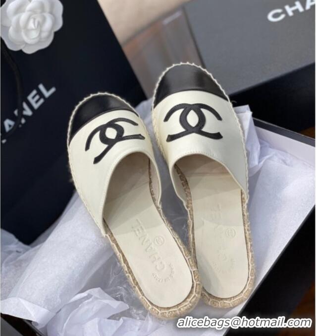 Low Price Chanel CC Shiny Lambskin Espadrille Slide Sandals 031074 White 2021