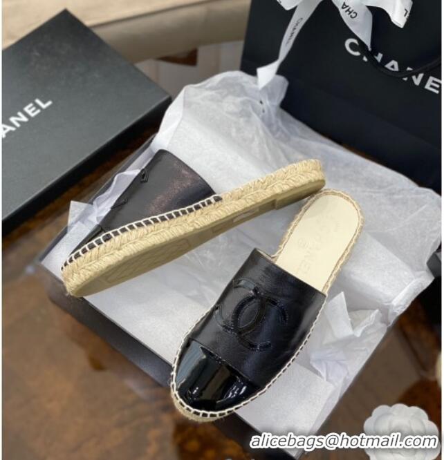 Custom Chanel CC Shiny Lambskin Espadrille Slide Sandals 031076 Black 2021