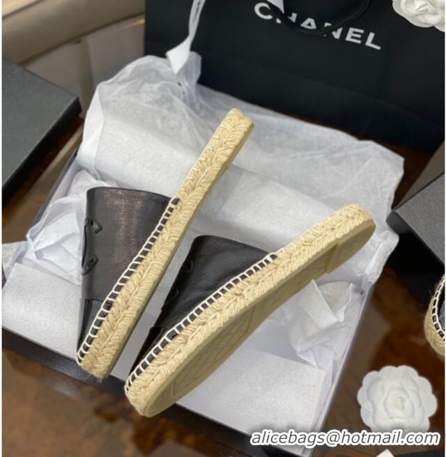 Custom Chanel CC Shiny Lambskin Espadrille Slide Sandals 031076 Black 2021