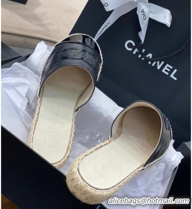 Custom Chanel CC Shiny Lambskin Espadrille Slide Sandals 031076 Black 2021