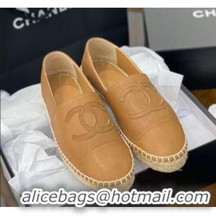 Good Quality Chanel CC Shiny Lambskin Espadrilles 031077 Light Brown